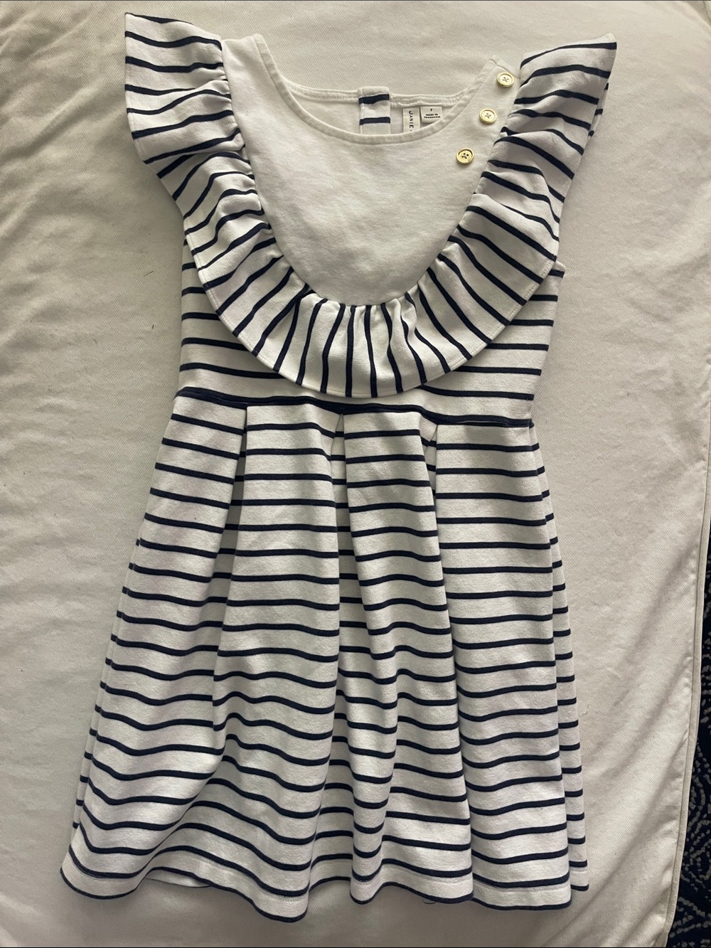 JANIE AND JACK Girls Size 7 Striped Ruffle Neck Sundress - White & Navy